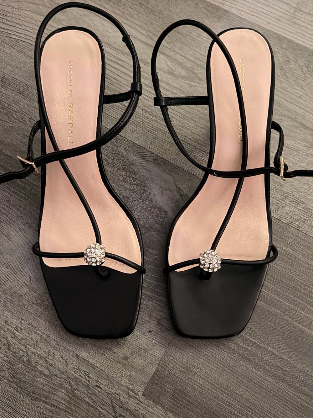 Loeffler Randall Black Strappy Slingbacks with Crystal Orbs